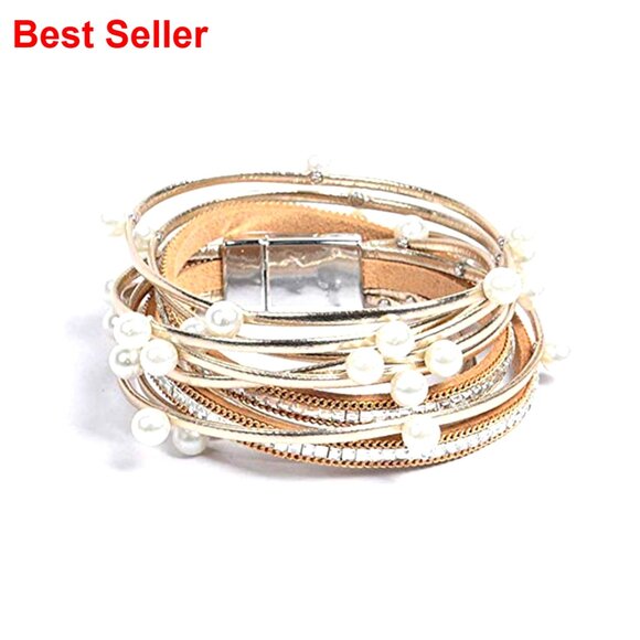 Jewelry - Leather Wrap Bracelet with Imitation Pearl Beads Handmade Magnetic Clasp